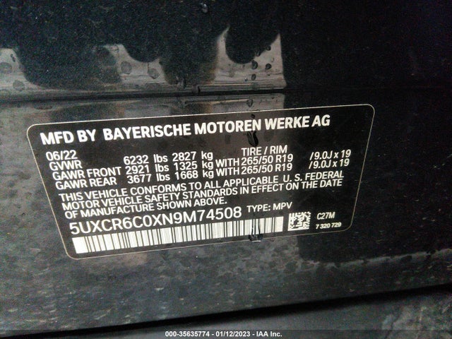 2022 BMW X5, VIN: 5UXCR6C0XN9M74508