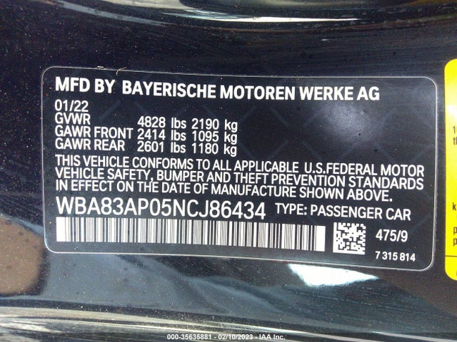2022 BMW 4 Series, VIN: WBA83AP05NCJ86434