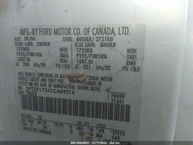 2001 FORD F-150 XL/XLT VIN: 2FTZF17241CA09216