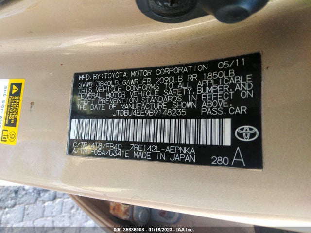 2011 TOYOTA COROLLA L/LE/S VIN: JTDBU4EE9B9148235