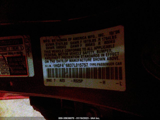 Honda Civic Sdn Ex 2007 1HGFA16837L015757 Image 11
