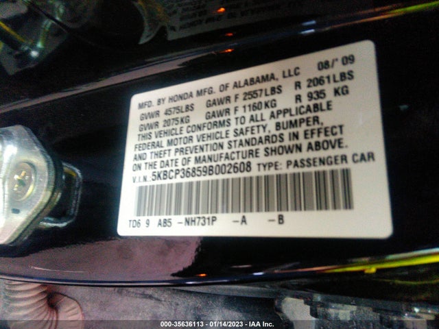 2009 HONDA ACCORD SDN EX-L VIN: 5KBCP36859B002608