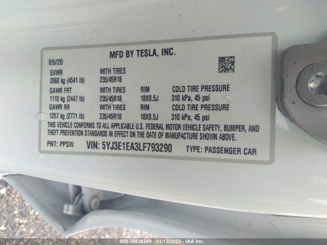 Tesla Model 3 Standard Range 2020 5YJ3E1EA3LF793290 Image 9