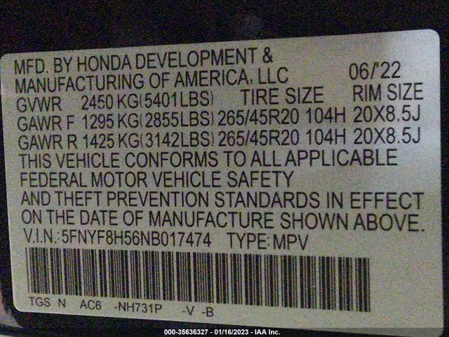 2022 Honda Passport, VIN: 5FNYF8H56NB017474