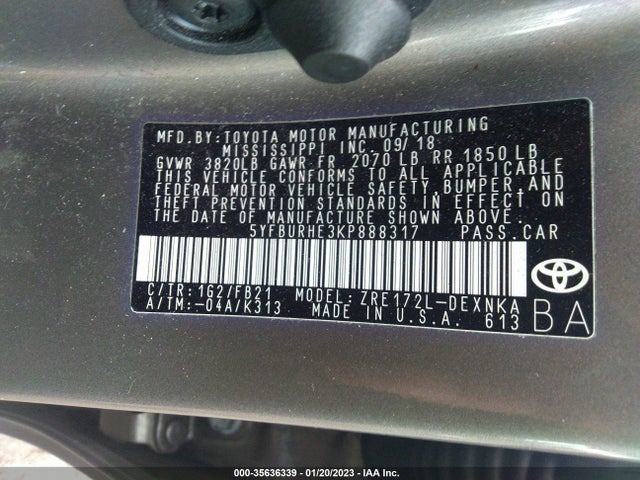 2019 TOYOTA COROLLA L/LE/SE/XLE/XSE VIN: 5YFBURHE3KP888317