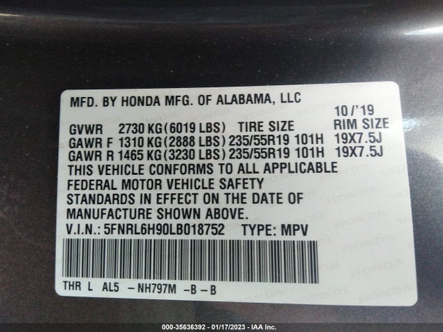 Honda Odyssey Elite 2020 5FNRL6H90LB018752 Image 9