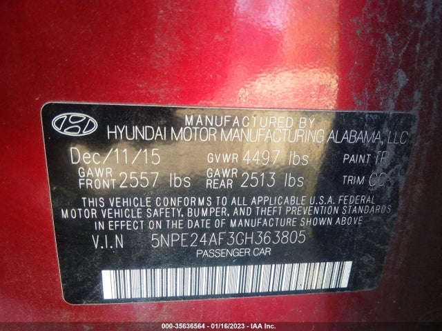 Hyundai Sonata 2.4l Se 2016 5NPE24AF3GH363805 Image 10
