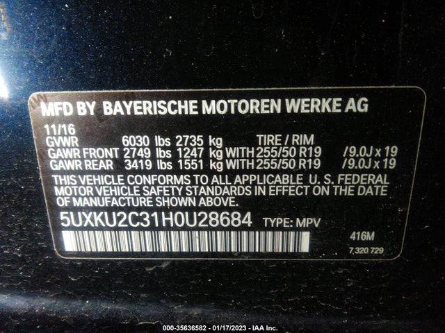 2017 BMW X6, VIN: 5UXKU2C31H0U28684