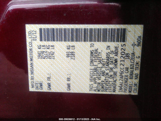 2012 NISSAN ALTIMA 2.5 S VIN: 1N4AL2AP6CC212025