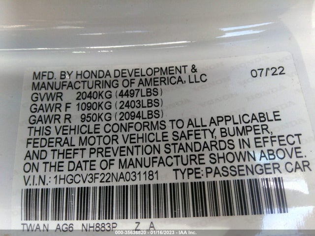 2022 Honda Accord, VIN: 1HGCV3F22NA031181