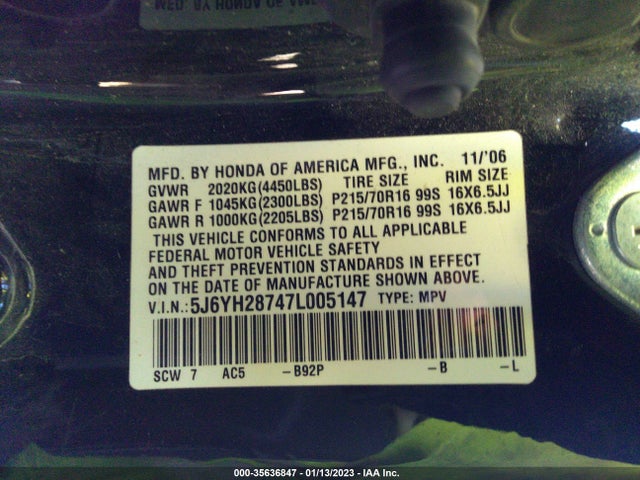 2007 HONDA ELEMENT EX VIN: 5J6YH28747L005147