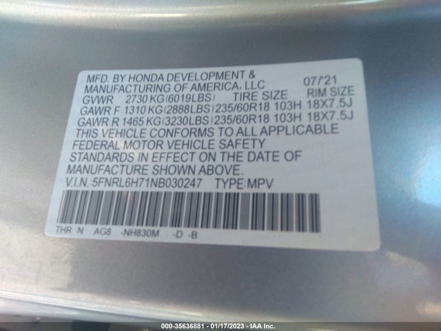 2022 Honda Odyssey, VIN: 5FNRL6H71NB030247