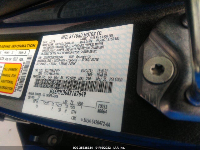 2019 Ford Fusion, VIN: 3FA6P0CD0KR182649