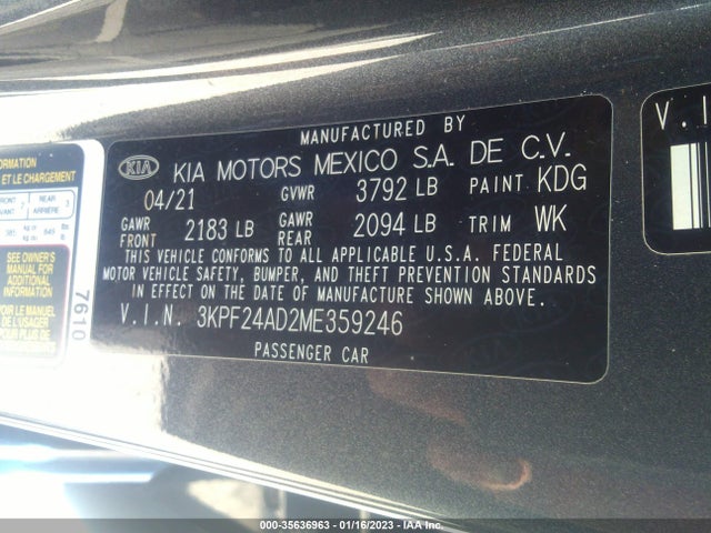 2021 KIA FORTE LXS VIN: 3KPF24AD2ME359246