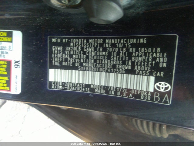 2016 TOYOTA COROLLA L/LE/S/S PLUS/LE PLUS VIN: 5YFBURHE0GP412596