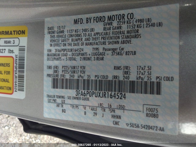 2018 Ford Fusion, VIN: 3FA6P0PUXJR164524
