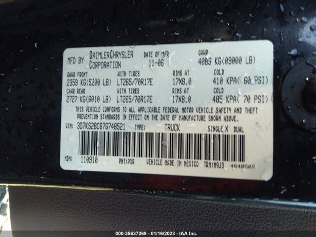 2007 DODGE RAM 2500 SLT VIN: 3D7KS28C67G748521