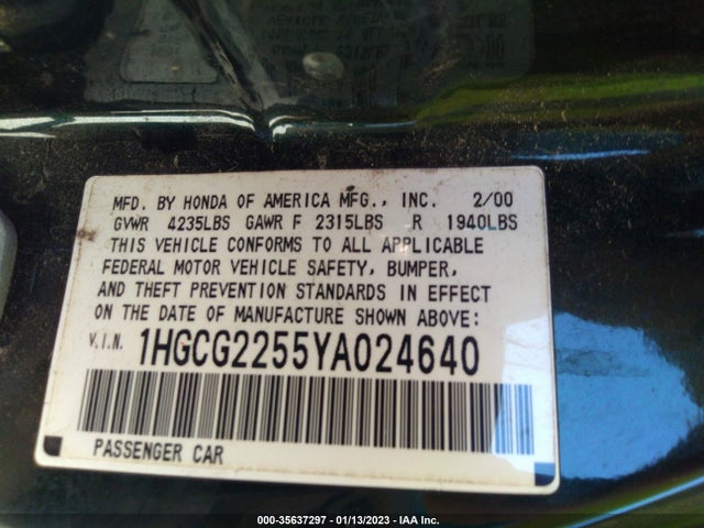 2000 HONDA ACCORD CPE EX W/LEATHER VIN: 1HGCG2255YA024640