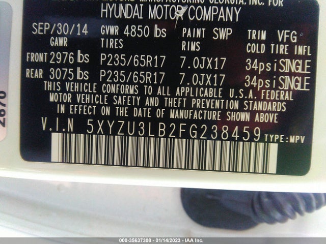 2015 HYUNDAI SANTA FE SPORT VIN: 5XYZU3LB2FG238459