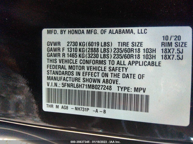 2021 Honda Odyssey, VIN: 5FNRL6H71MB027248