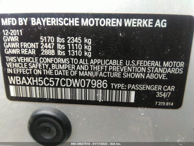 35637510 :رقم المزاد ، WBAXH5C57CDW07986 vin ، 2012 Bmw 5 Series 528i Xdrive مزاد بيع