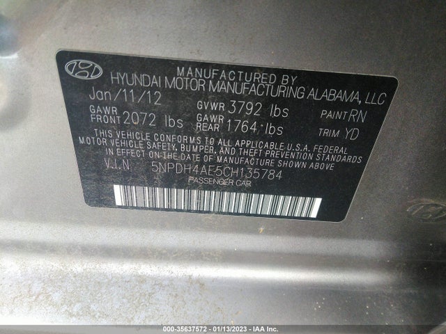 2012 HYUNDAI ELANTRA GLS PZEV VIN: 5NPDH4AE5CH135784