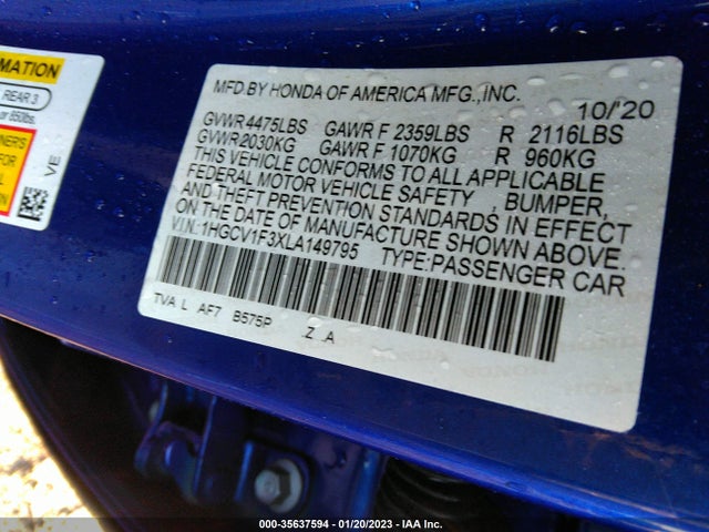 2020 HONDA ACCORD SPORT VIN: 1HGCV1F3XLA149795