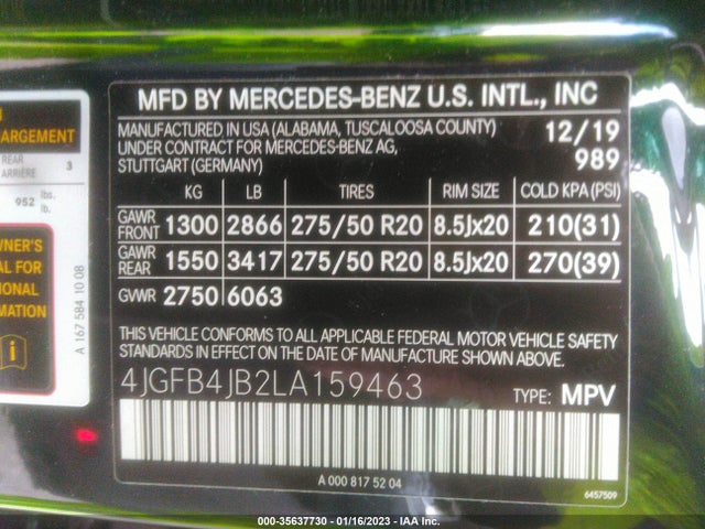 2020 Mercedes-Benz GLE-Class, VIN: 4JGFB4JB2LA159463