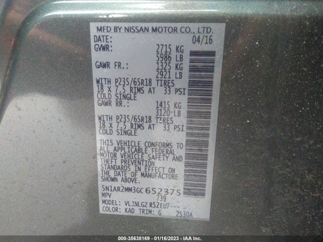 2016 Nissan Pathfinder, VIN: 5N1AR2MM3GC652375