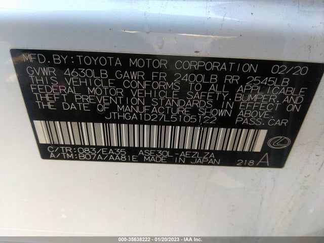 2020 Lexus IS, VIN: JTHGA1D27L5105122