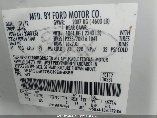 2012 FORD ESCAPE XLT VIN: 1FMCU9D76CKB94888