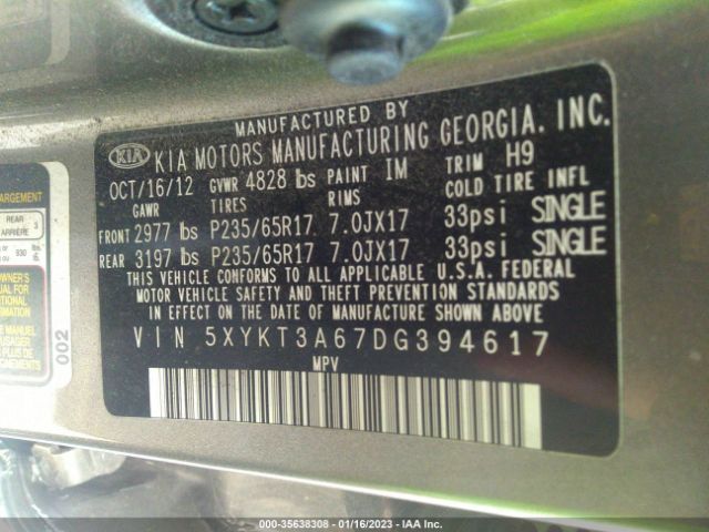 5XYKT3A67DG394617 KIA SORENTO LX
