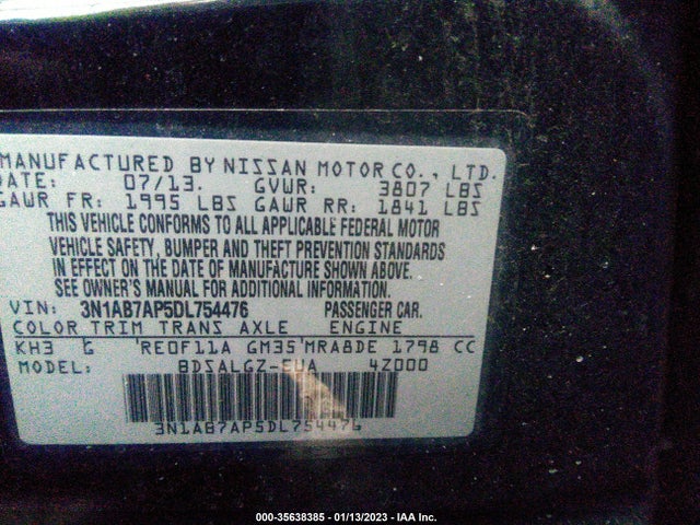 2013 NISSAN SENTRA SL VIN: 3N1AB7AP5DL754476