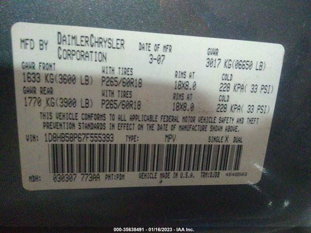 Dodge DURANGO LIMITED 2007 1D8HB58P67F555393 Image 10