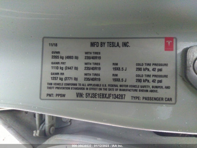 5YJ3E1EBXJF134287 Tesla Model 3 Long Range