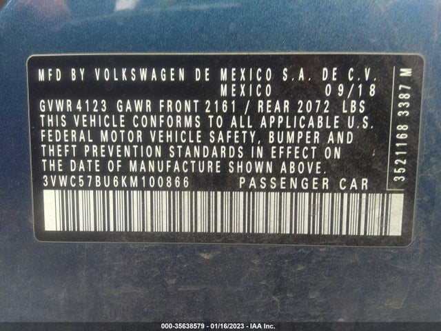3VWC57BU6KM100866 Volkswagen Jetta S/se/r-line