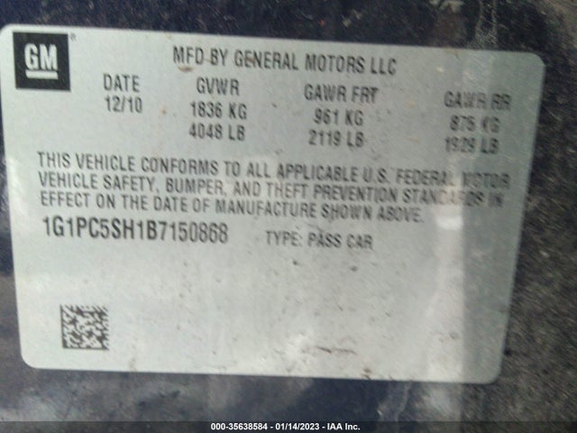 2011 CHEVROLET CRUZE LS VIN: 1G1PC5SH1B7150868