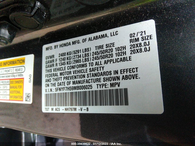 Honda Passport 2021 5FNYF7H59MB006025 Image 11