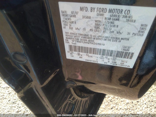 2007 FORD F-150 XLT/FX2 VIN: 1FTRW12W27KD37619