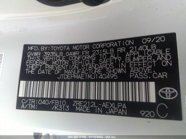 2021 Toyota Corolla, VIN: JTDEPMAE1MJ140495