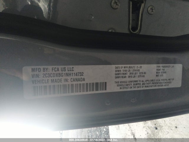 2022 DODGE CHARGER SXT VIN: 2C3CDXBG1NH114732