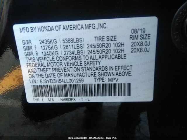 5J8YD3H54LL001259 Acura Mdx W/technology Pkg