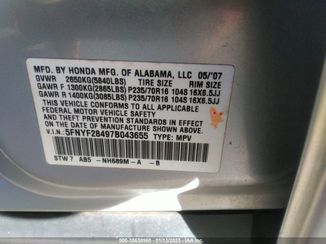 2007 HONDA PILOT EX VIN: 5FNYF28497B043655