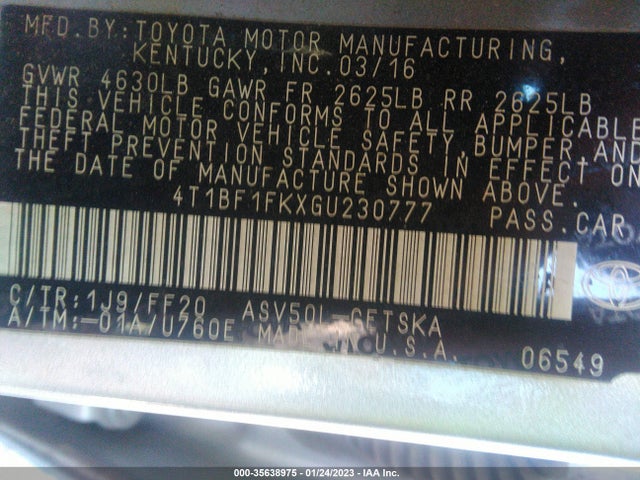 2016 TOYOTA CAMRY XLE/SE/LE/XSE VIN: 4T1BF1FKXGU230777