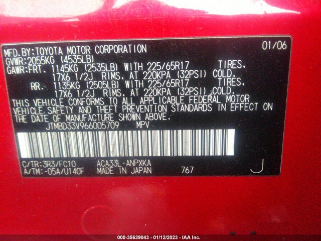 2006 TOYOTA RAV4 BASE VIN: JTMBD33V966005709
