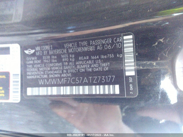 2010 MINI COOPER HARDTOP S VIN: WMWMF7C57ATZ73177