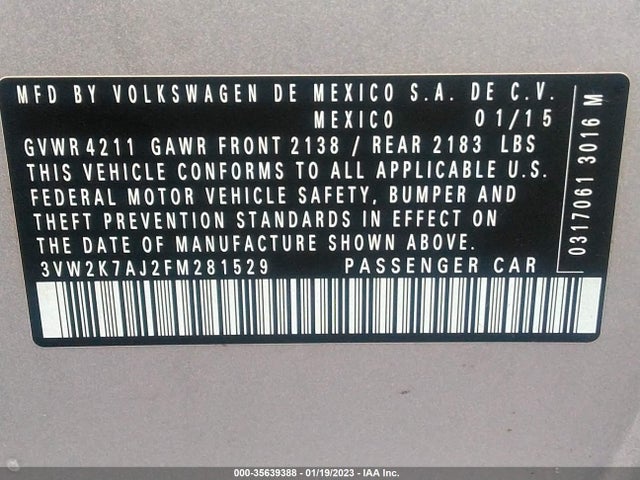 2015 VOLKSWAGEN JETTA SEDAN 2.0L S VIN: 3VW2K7AJ2FM281529