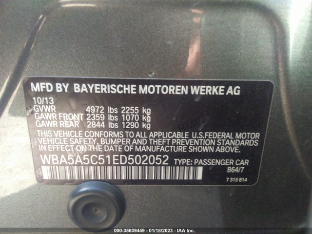 2014 BMW 5 SERIES 528I VIN: WBA5A5C51ED502052