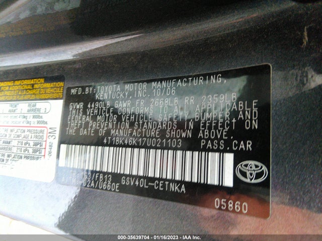 2007 TOYOTA CAMRY LE/SE/XLE VIN: 4T1BK46K17U021103