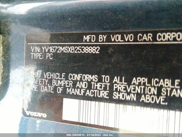 2011 VOLVO S40 VIN: YV1672MSXB2538882
